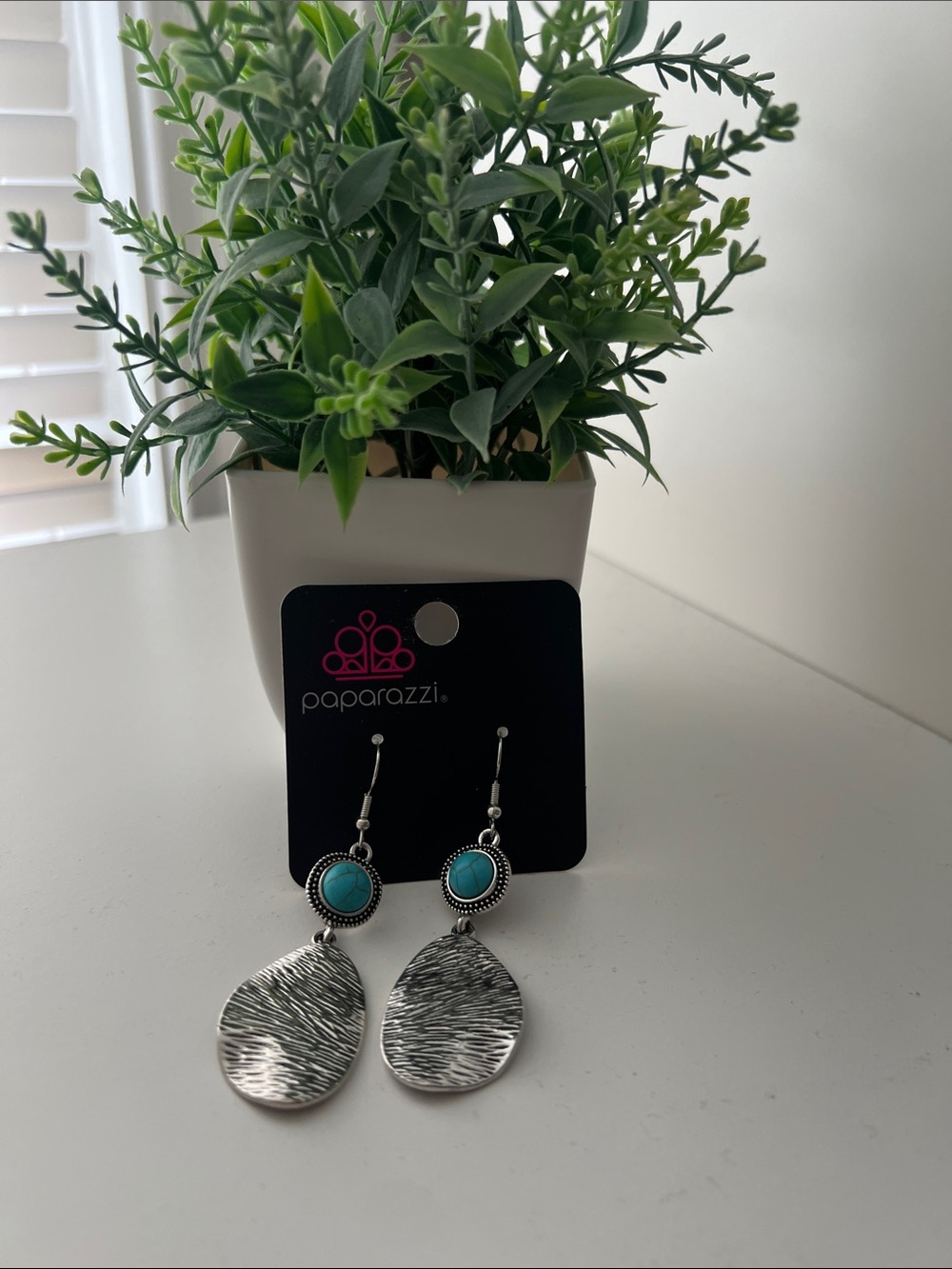 paparazzi Turquoise and Silver Textured Drop Earrings